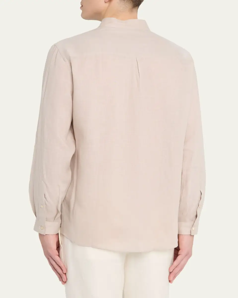 Brunello Cucinelli Men's Linen and Cotton Band Collar Button-Down Shirt | Thumbnail 3