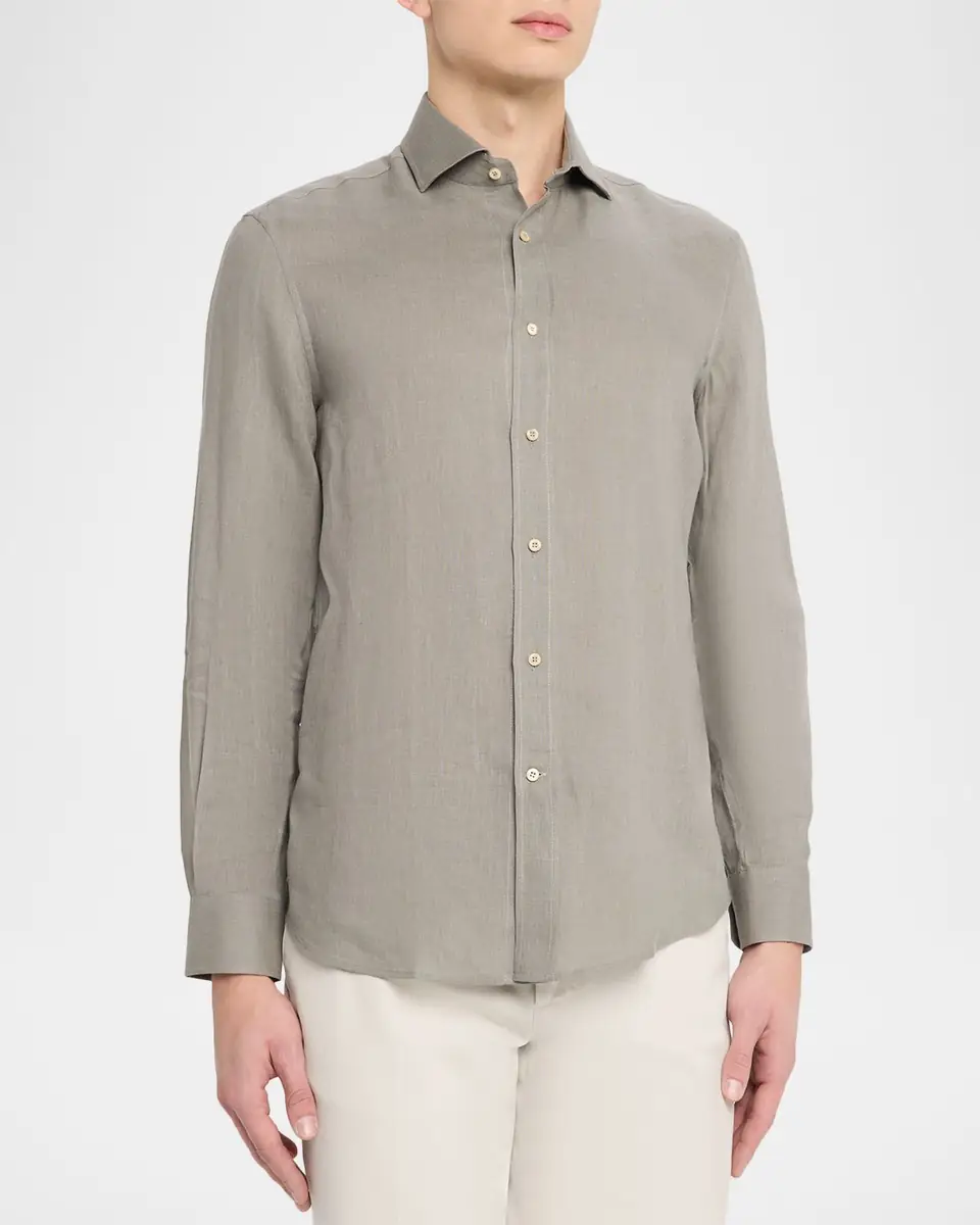Brunello Cucinelli Men's Linen and Cotton Band Collar Button-Down Shirt | Thumbnail 21