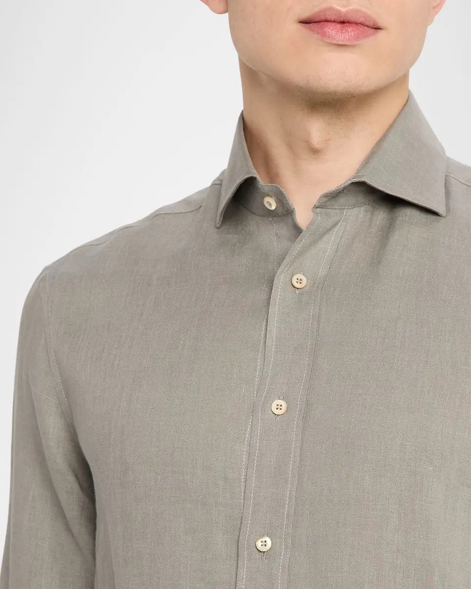 Brunello Cucinelli Men's Linen and Cotton Band Collar Button-Down Shirt | Thumbnail 22