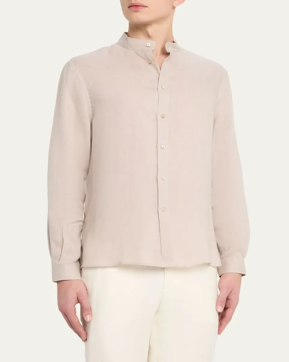 Brunello Cucinelli Men's Linen and Cotton Band Collar Button-Down Shirt | Thumbnail 4