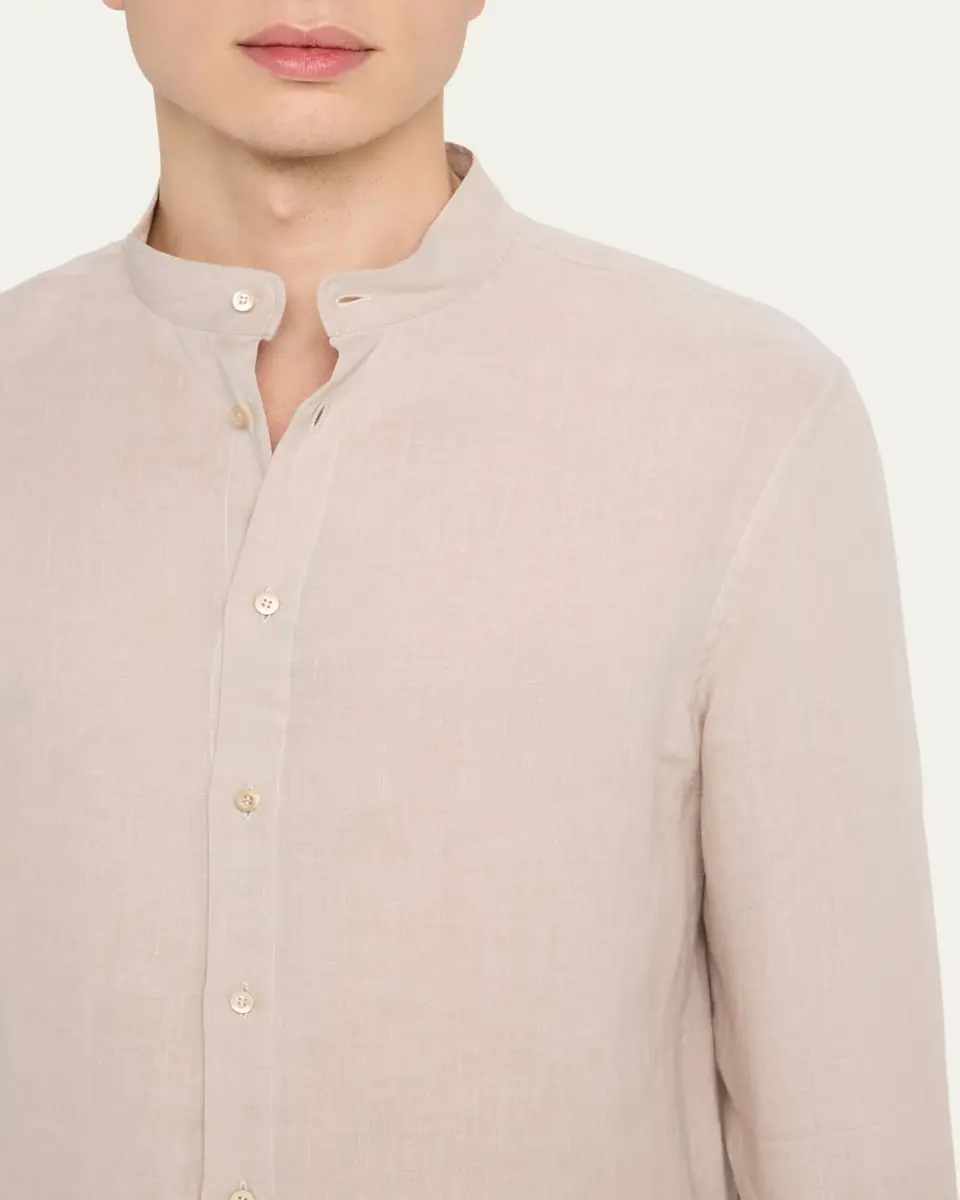Brunello Cucinelli Men's Linen and Cotton Band Collar Button-Down Shirt | Thumbnail 5