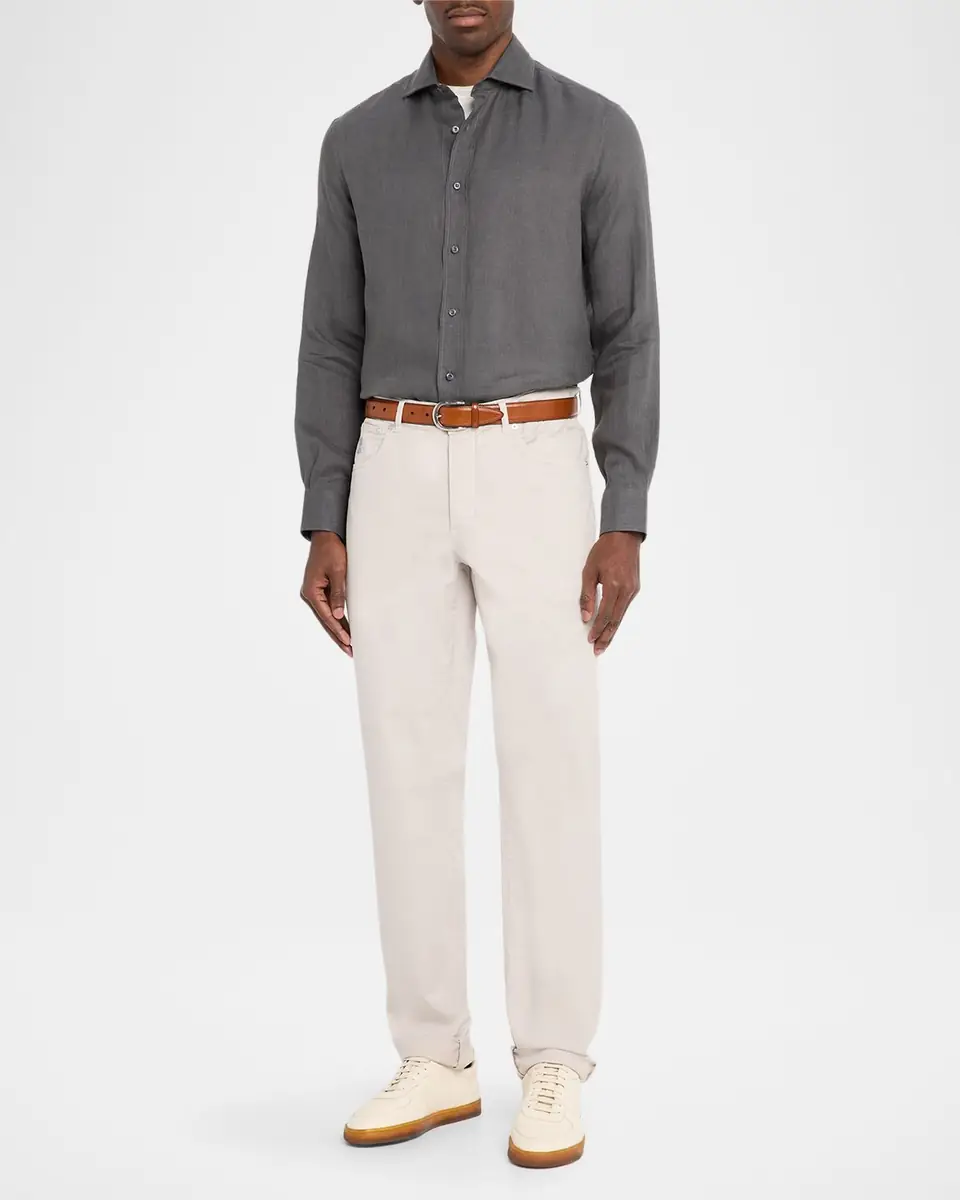 Brunello Cucinelli Men's Linen and Cotton Band Collar Button-Down Shirt | Thumbnail 6