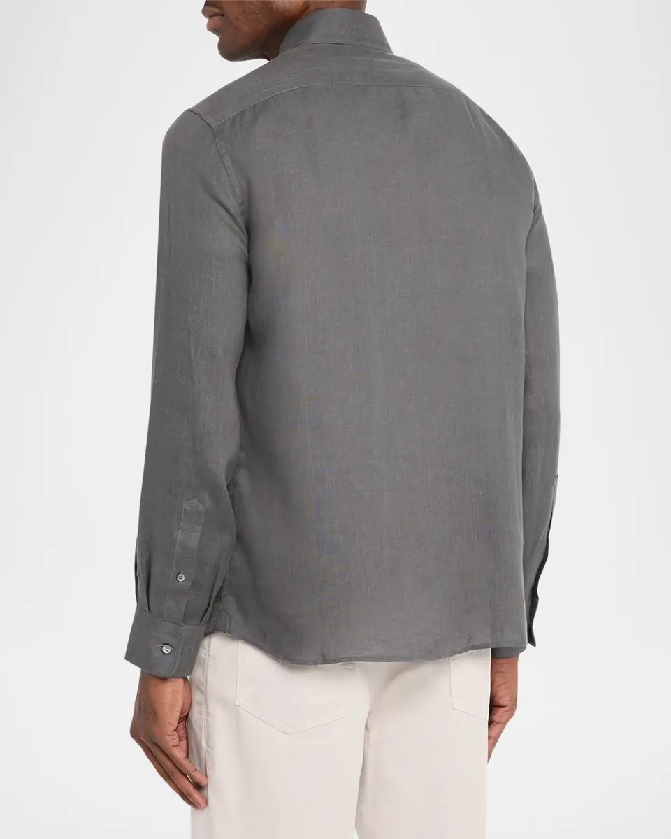 Brunello Cucinelli Men's Linen and Cotton Band Collar Button-Down Shirt | Thumbnail 7