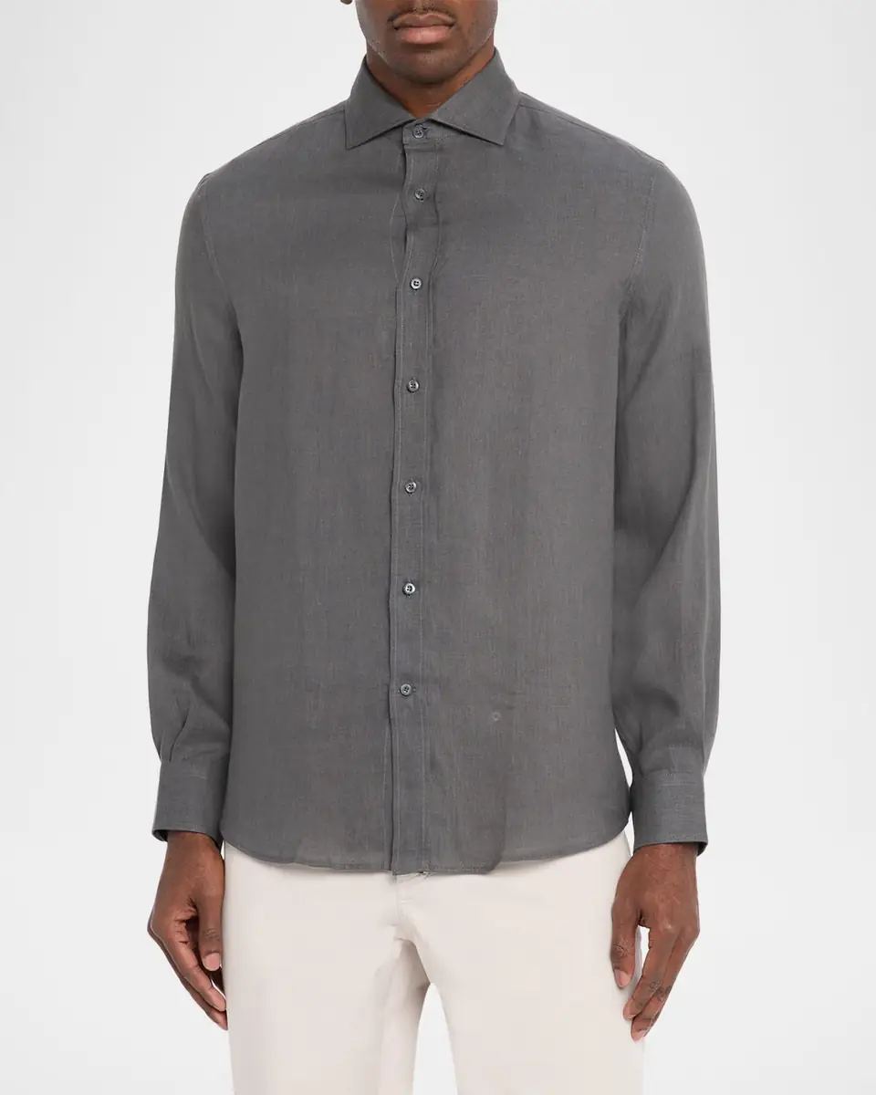 Brunello Cucinelli Men's Linen and Cotton Band Collar Button-Down Shirt | Thumbnail 8