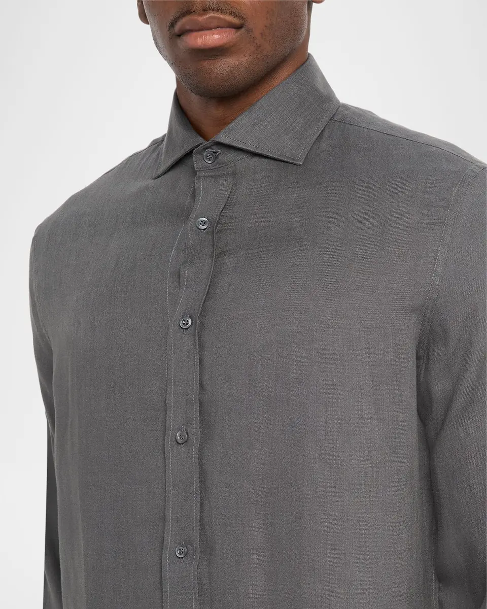 Brunello Cucinelli Men's Linen and Cotton Band Collar Button-Down Shirt | Thumbnail 9