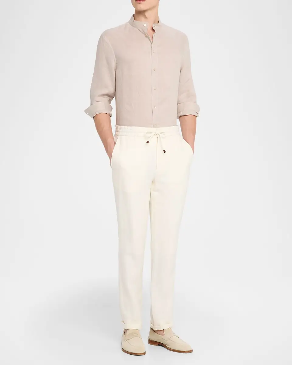 Brunello Cucinelli Men's Linen and Cotton Band Collar Button-Down Shirt | Thumbnail 10