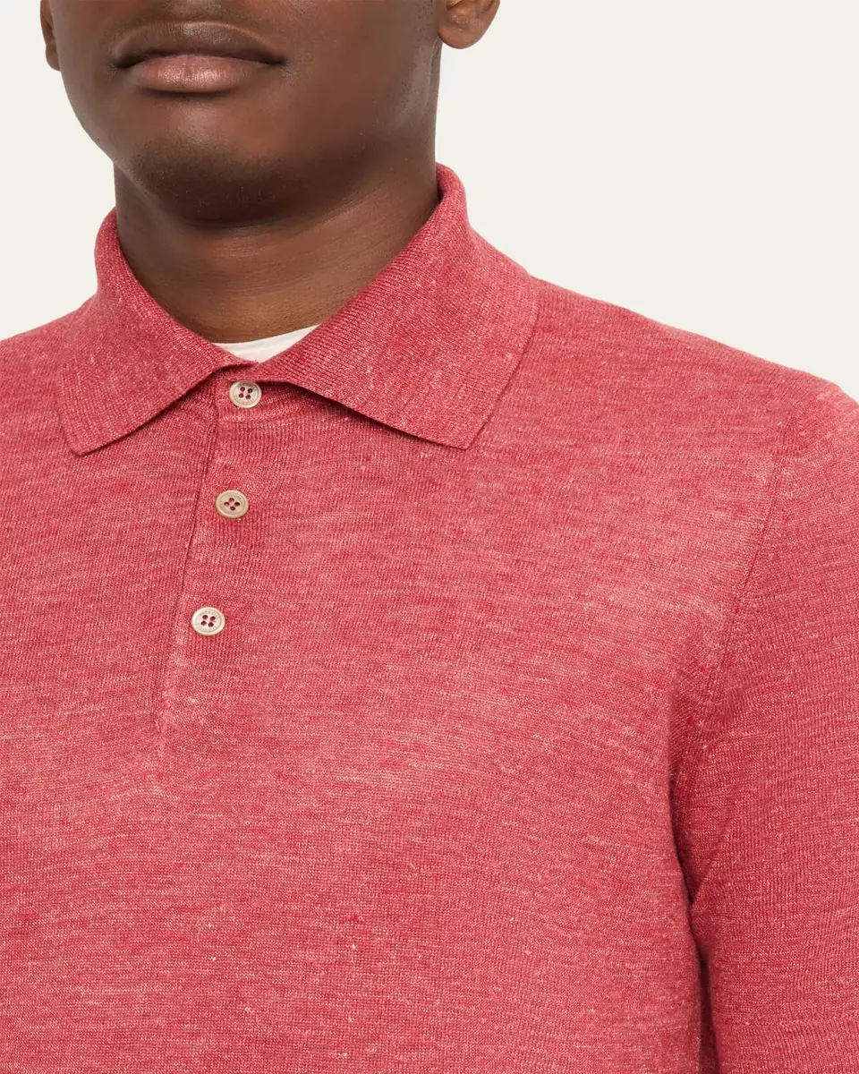 Brunello Cucinelli Men's Linen and Cotton Heathered Polo Shirt | Thumbnail 13 Brunello Cucinelli Men's Linen and Cotton Heathered Polo Shirt | Thumbnail 13
