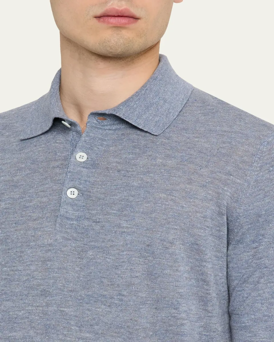 Brunello Cucinelli Men's Linen and Cotton Heathered Polo Shirt | Thumbnail 9 Brunello Cucinelli Men's Linen and Cotton Heathered Polo Shirt | Thumbnail 9