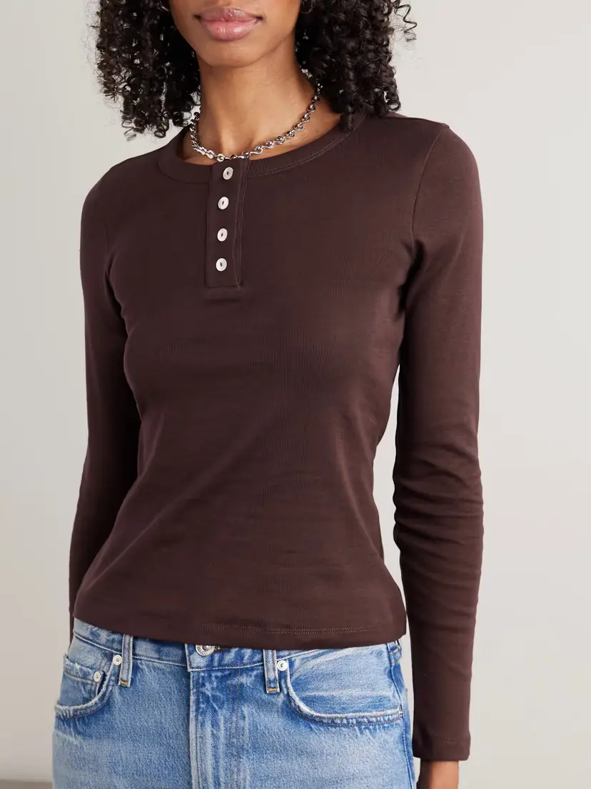 FLORE FLORE Jess Ribbed Organic Cotton-jersey Henley Top | Thumbnail 3 FLORE FLORE Jess Ribbed Organic Cotton-jersey Henley Top | Thumbnail 3