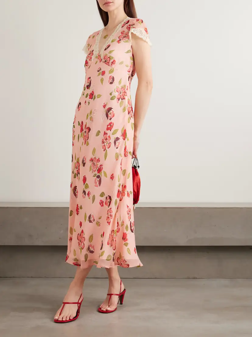 Rixo Clarice Lace-trimmed Appliquéd Floral-print Georgette Midi Dress | Thumbnail 2 Rixo Clarice Lace-trimmed Appliquéd Floral-print Georgette Midi Dress | Thumbnail 2