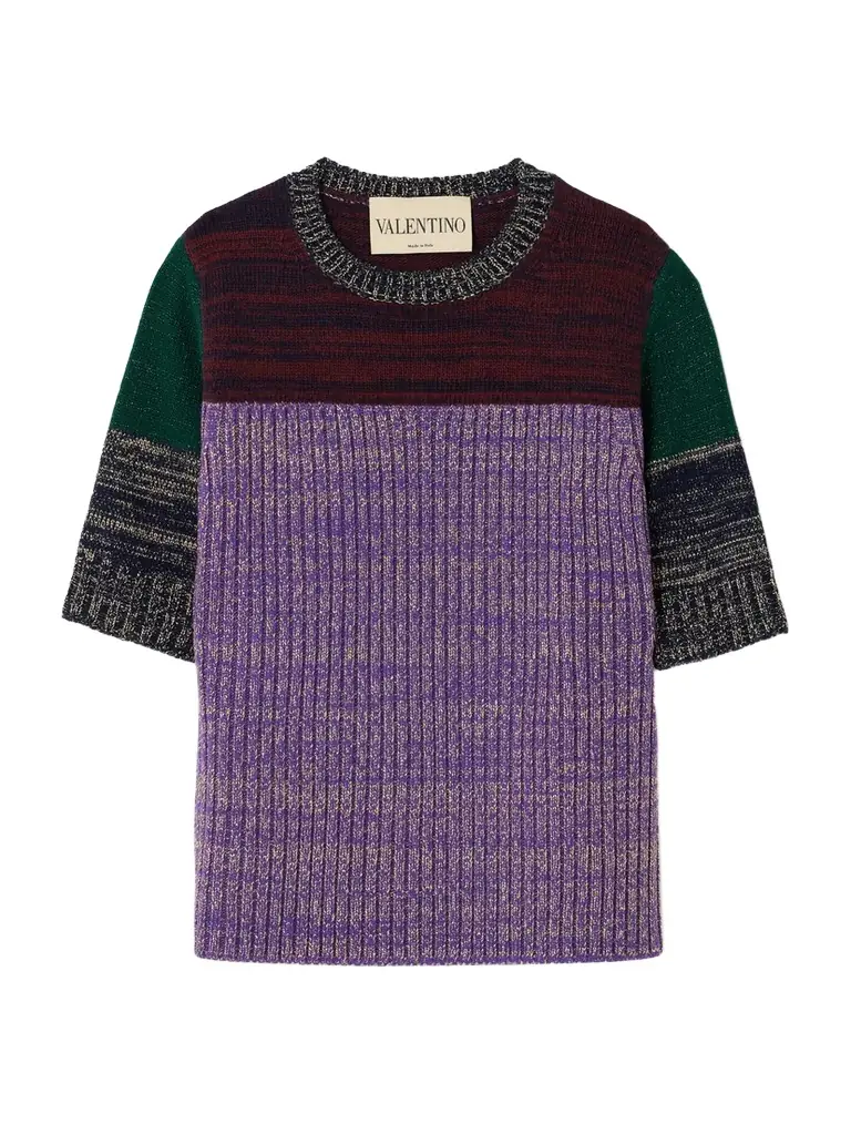 Valentino Garavani Color-block Metallic Ribbed Wool-blend Sweater | Image 1 Valentino Garavani Color-block Metallic Ribbed Wool-blend Sweater | Image 1