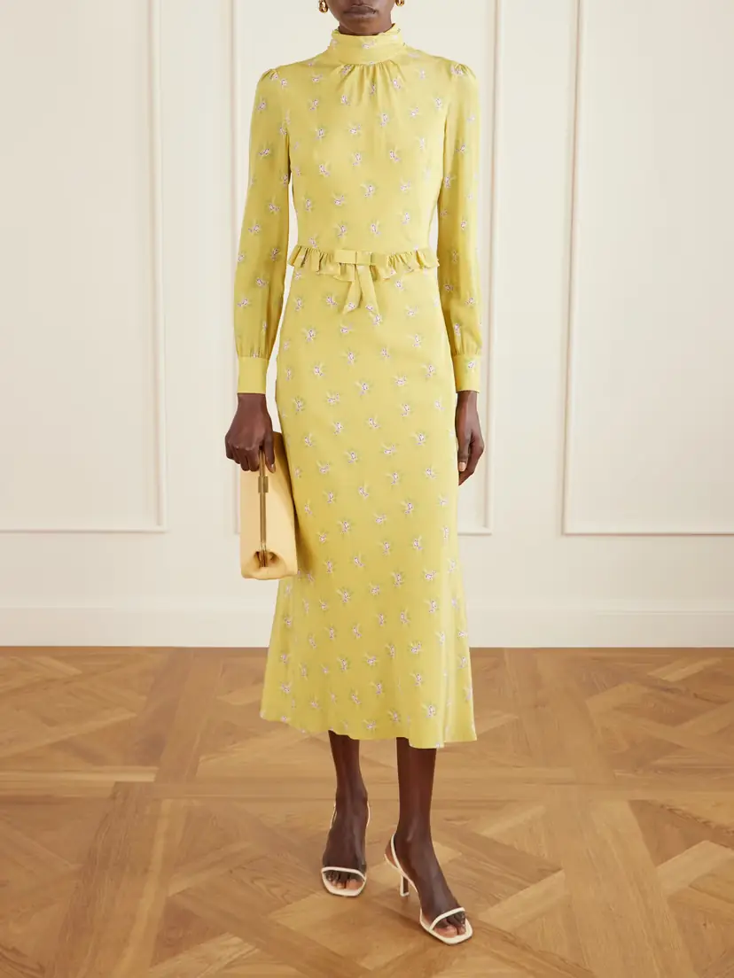 Alessandra Rich Ruffled Bow-detailed Floral-print Silk Crepe De Chine Midi Dress | Thumbnail 2 Alessandra Rich Ruffled Bow-detailed Floral-print Silk Crepe De Chine Midi Dress | Thumbnail 2
