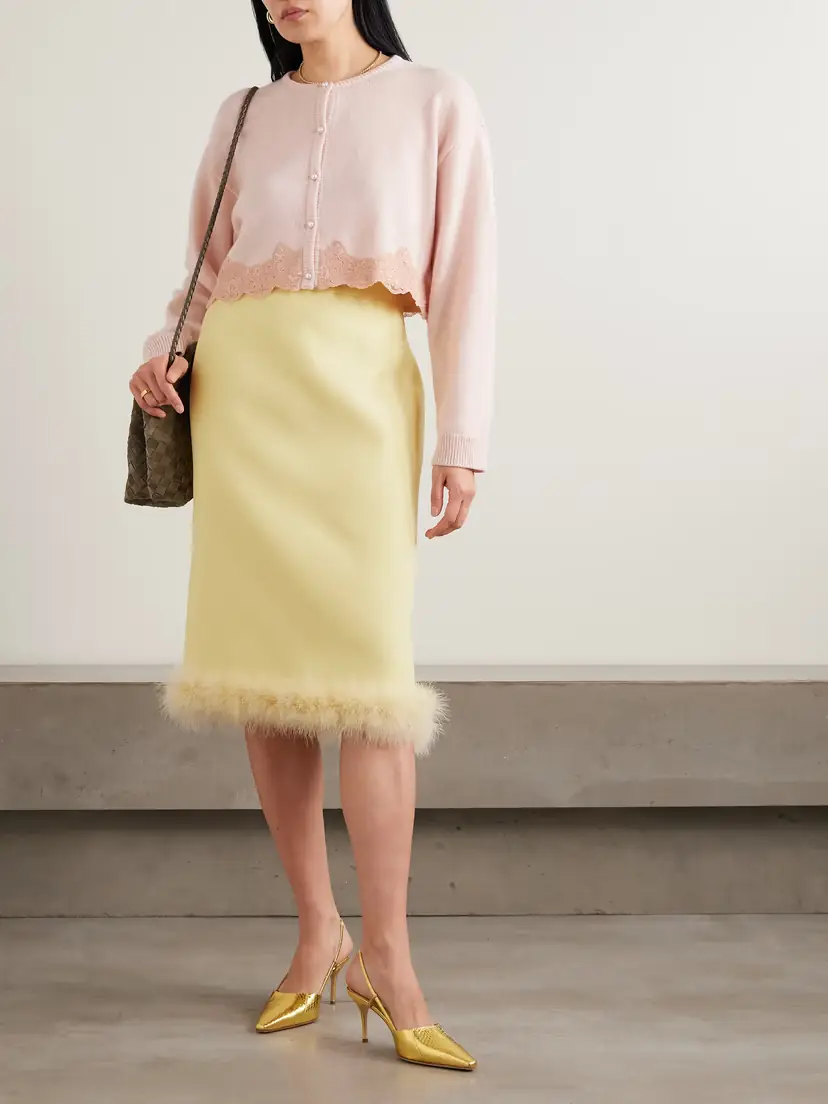 Valentino Garavani Feather-trimmed Wool And Silk-blend Crepe Midi Skirt | Thumbnail 2