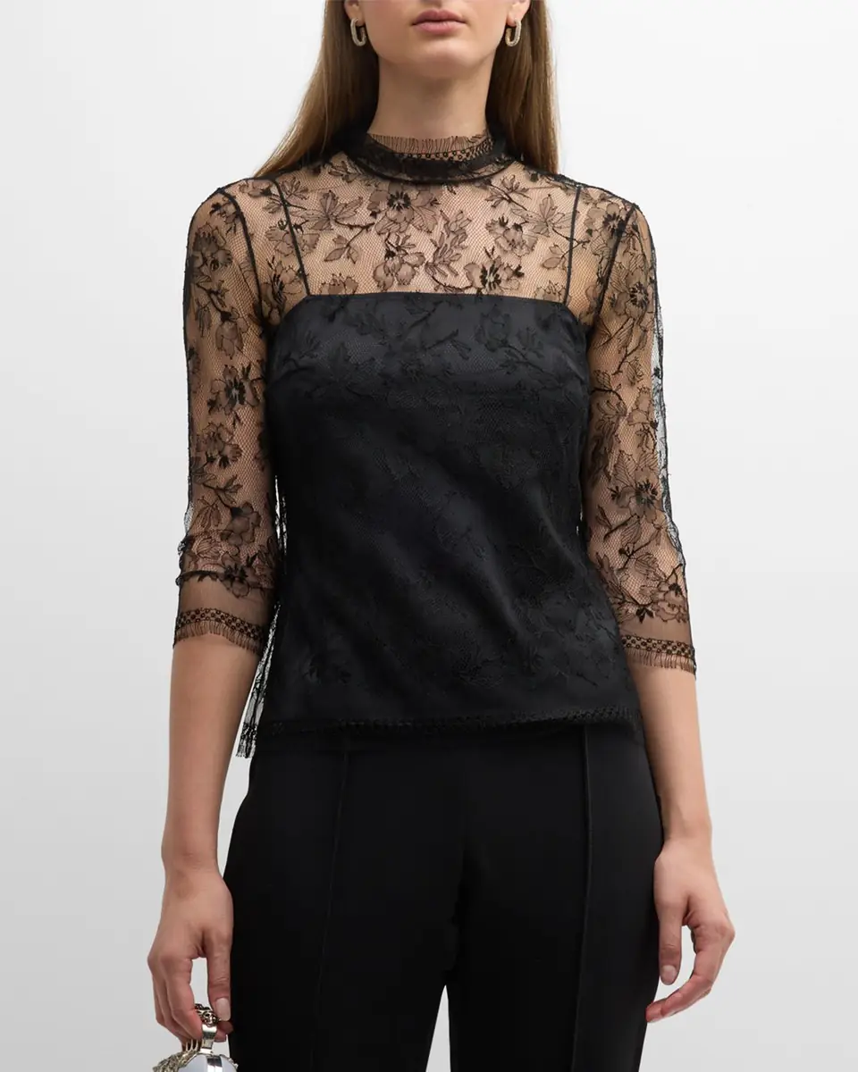 Adam Lippes Lace High-Neck Shirt w/ Attached Camisole | Thumbnail 4