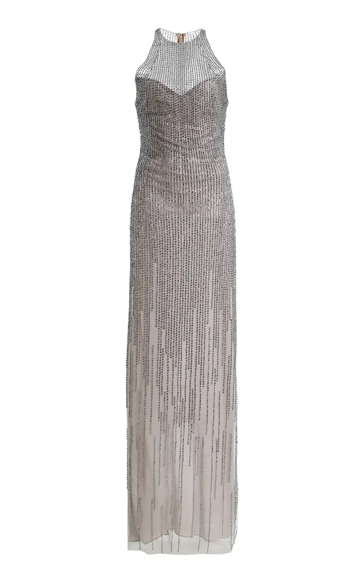 MONIQUE LHUILLIER Halter Embroidered Gown