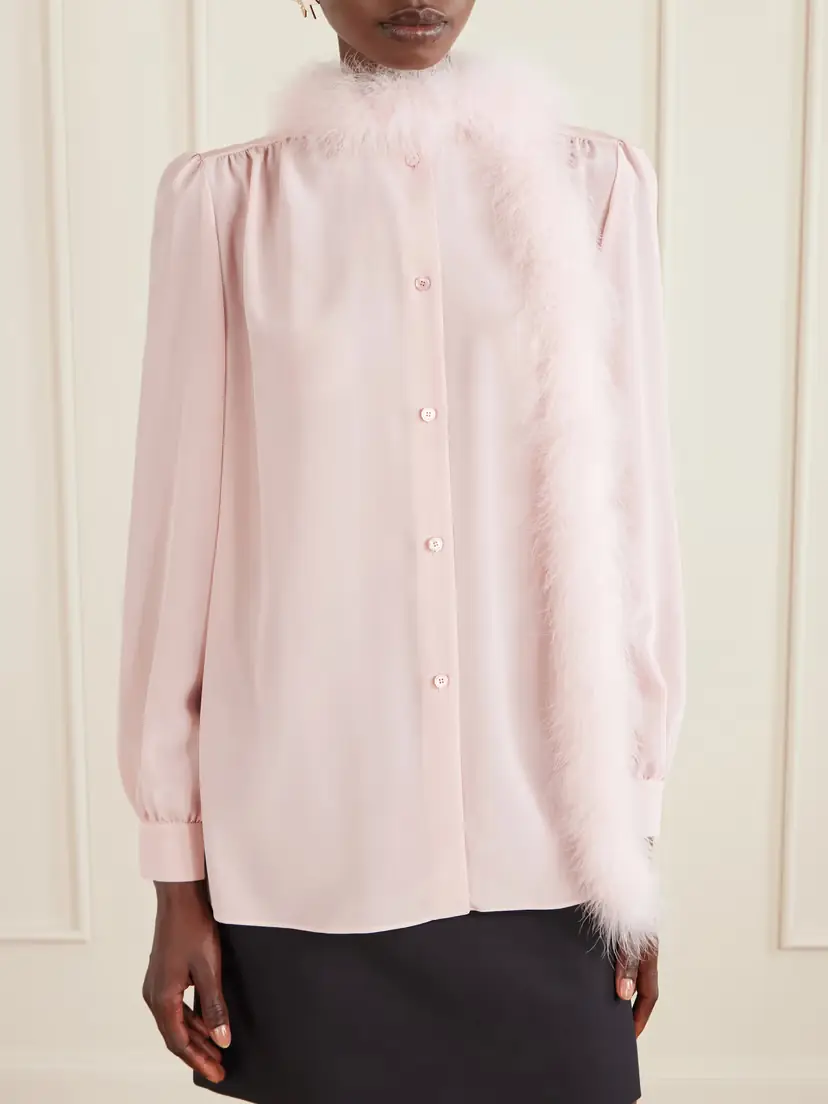 Valentino Garavani Feather-trimmed Silk Crepe De Chine Blouse | Thumbnail 3