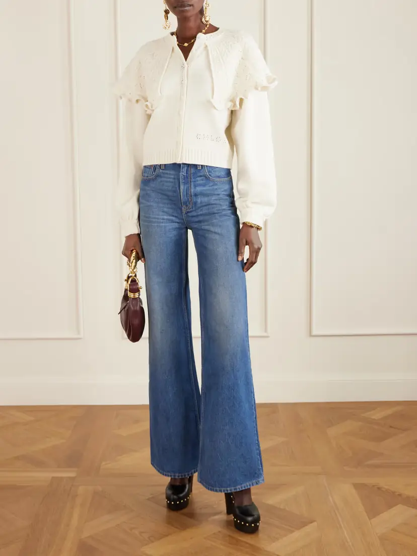 Chloé Cropped Ruffled Pointelle-knit Wool And Cashmere-blend Cardigan | Thumbnail 2 Chloé Cropped Ruffled Pointelle-knit Wool And Cashmere-blend Cardigan | Thumbnail 2