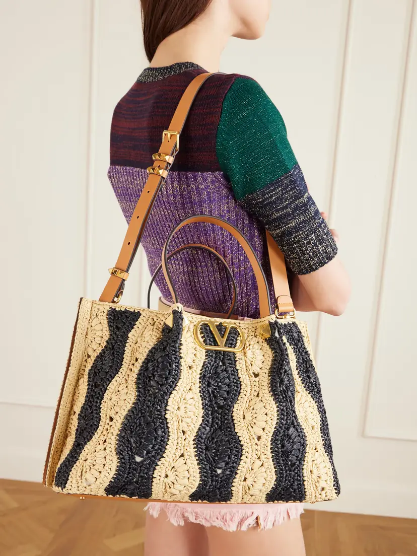 Valentino Garavani Vlogo Signature Medium Embellished Leather-trimmed Striped Crocheted Raffia Tote | Thumbnail 2
