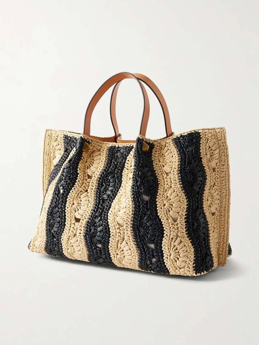 Valentino Garavani Vlogo Signature Medium Embellished Leather-trimmed Striped Crocheted Raffia Tote | Thumbnail 4