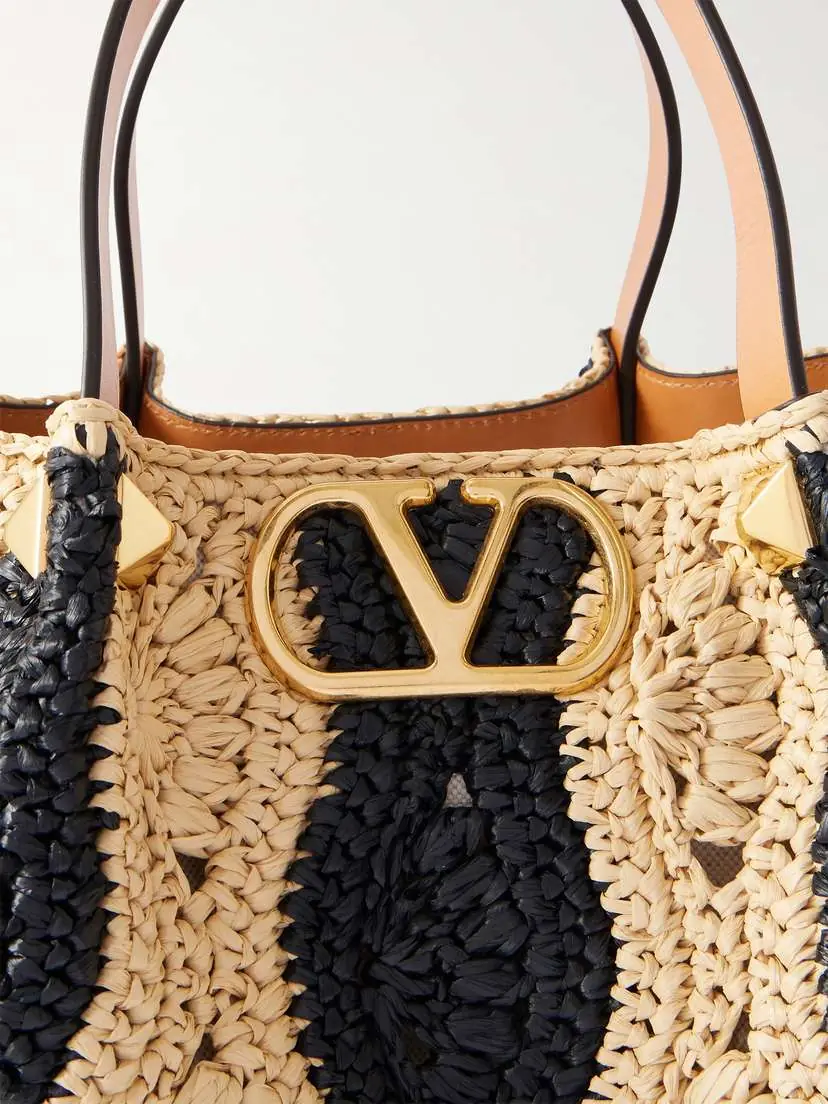 Valentino Garavani Vlogo Signature Medium Embellished Leather-trimmed Striped Crocheted Raffia Tote | Thumbnail 5