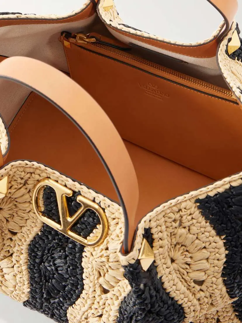 Valentino Garavani Vlogo Signature Medium Embellished Leather-trimmed Striped Crocheted Raffia Tote | Thumbnail 6