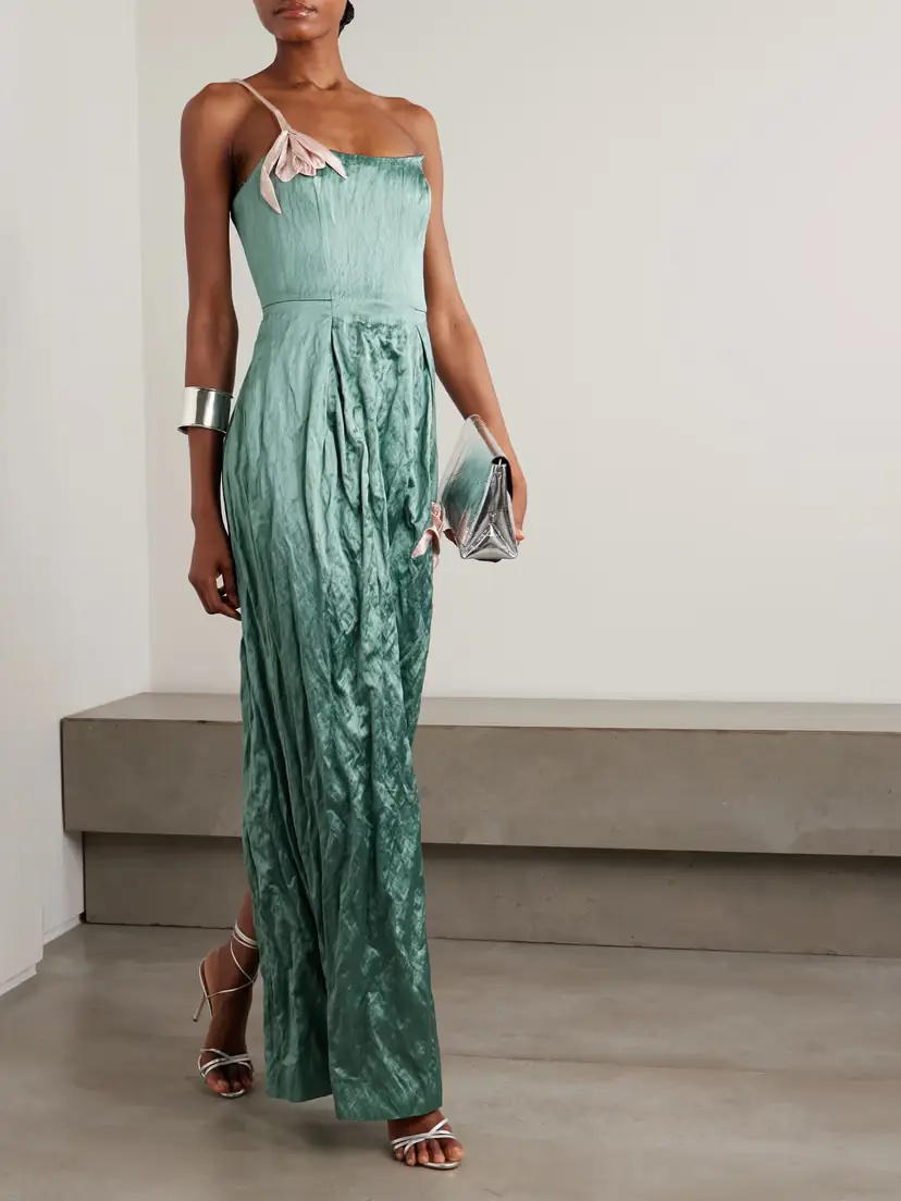Erdem One-shoulder Bead-embellished Appliquéd Crinkled-satin Gown | Thumbnail 2 Erdem One-shoulder Bead-embellished Appliquéd Crinkled-satin Gown | Thumbnail 2