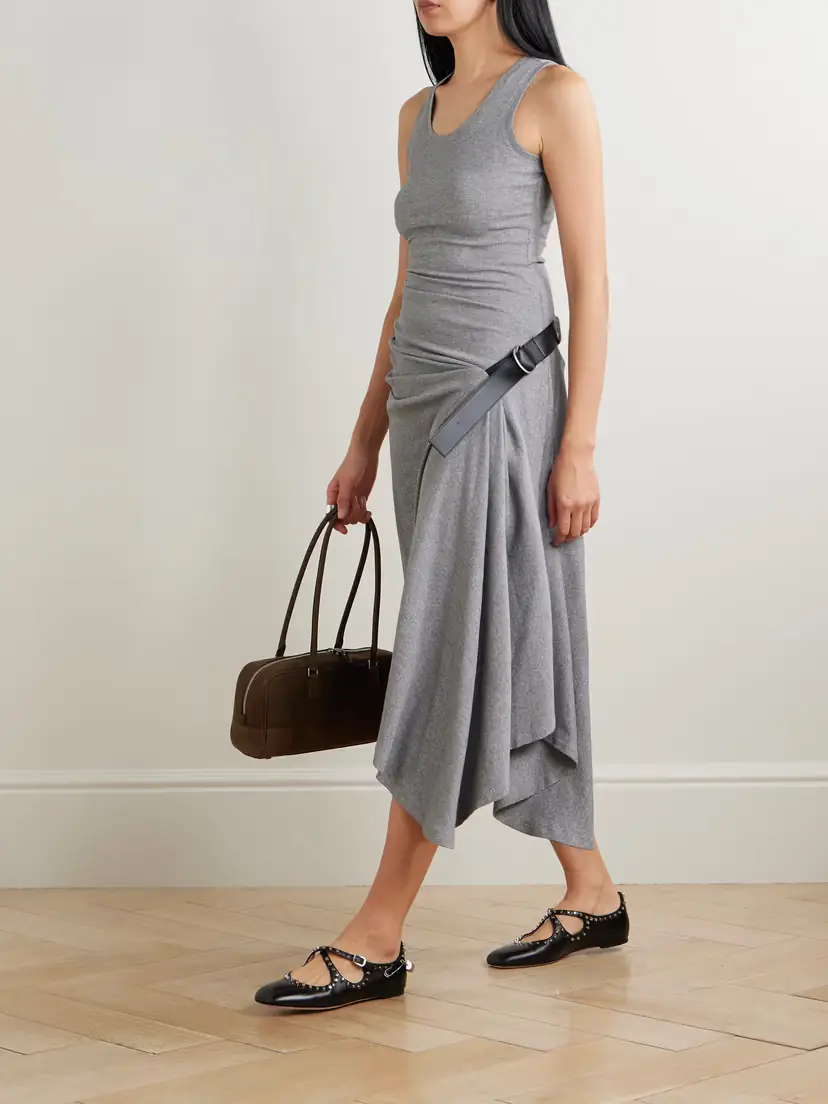 Loewe Asymmetric Leather-trimmed Ribbed Cotton-blend Jersey Dress | Thumbnail 2