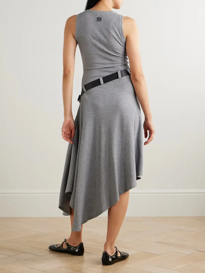 Loewe Asymmetric Leather-trimmed Ribbed Cotton-blend Jersey Dress | Thumbnail 3