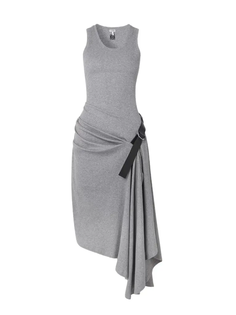 Asymmetric Leather-trimmed Ribbed Cotton-blend Jersey Dress Asymmetric Leather-trimmed Ribbed Cotton-blend Jersey Dress