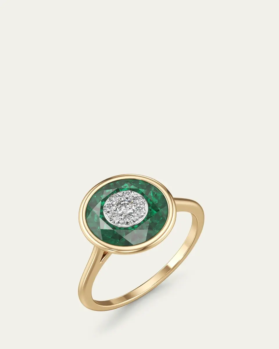 Bhansali One Collection 10mm Round Fusion Emerald Bezel Ring in 18K Yellow Gold with Diamonds | Thumbnail 2 Bhansali One Collection 10mm Round Fusion Emerald Bezel Ring in 18K Yellow Gold with Diamonds | Thumbnail 2
