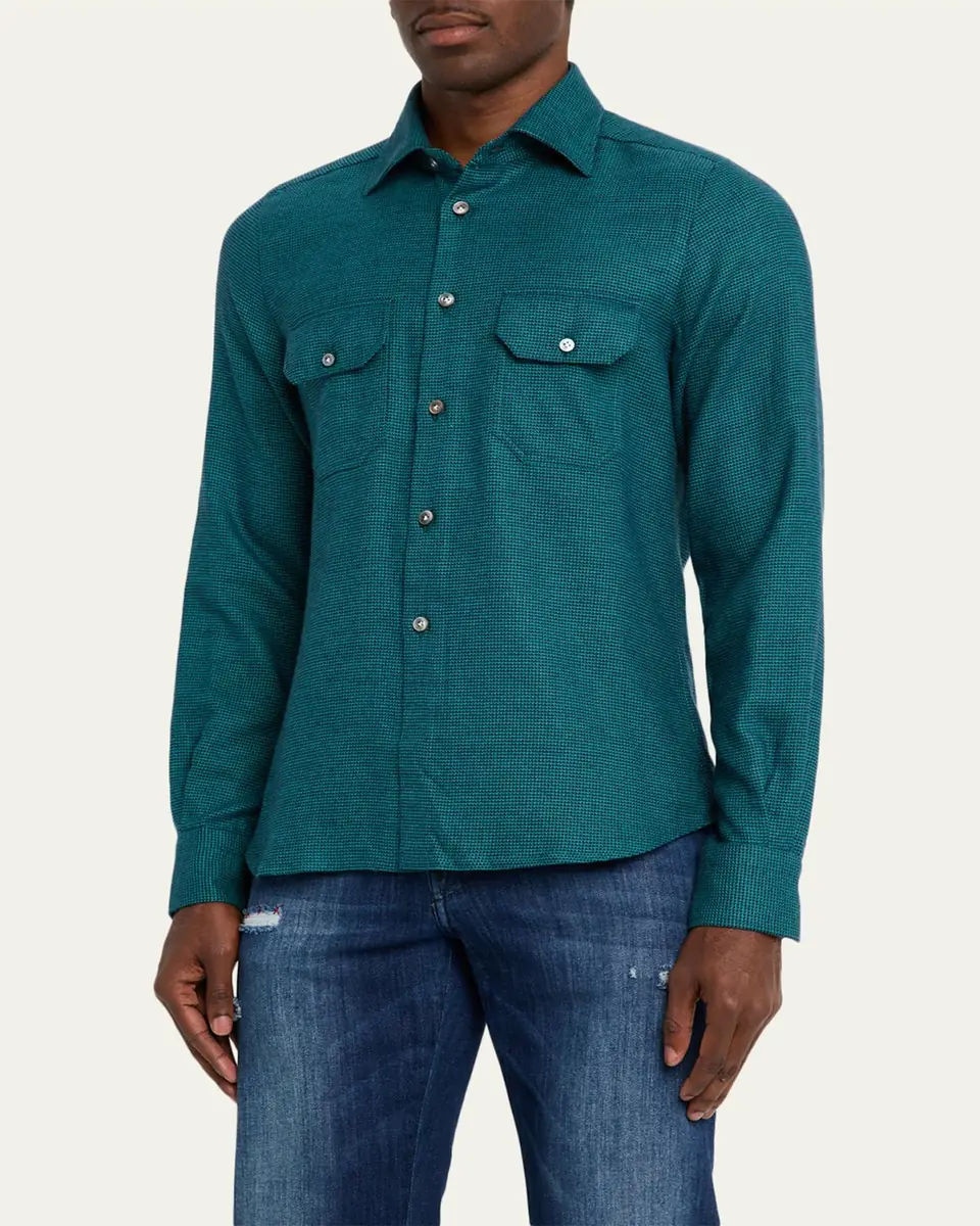 Kiton Men's Cotton Micro-Houndstooth Textured Overshirt | Thumbnail 5 Kiton Men's Cotton Micro-Houndstooth Textured Overshirt | Thumbnail 5