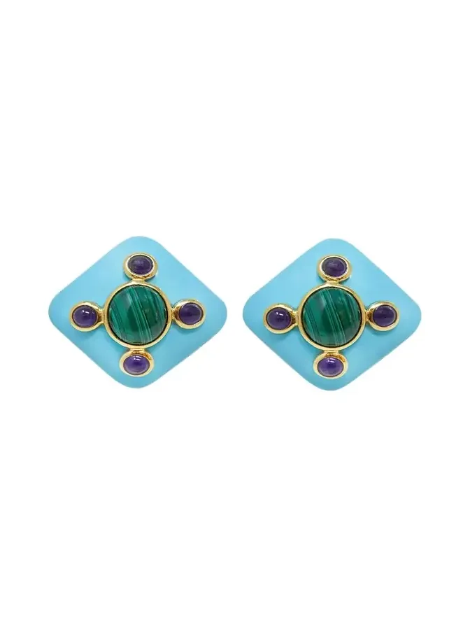 Rhombus Resin Earrings with Malachite and Amethyst