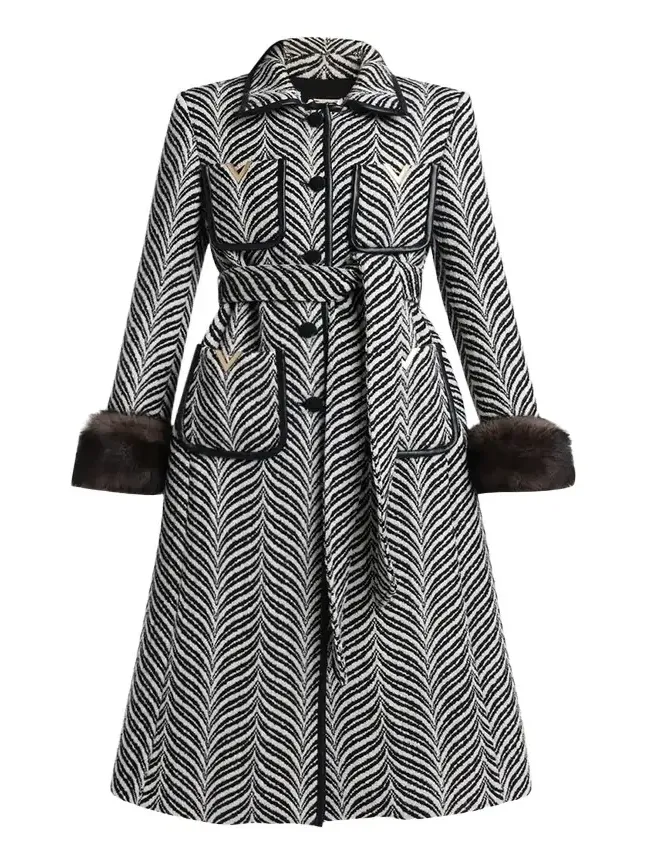 Lamb Shearling Cuff Belted Herringbone Coat