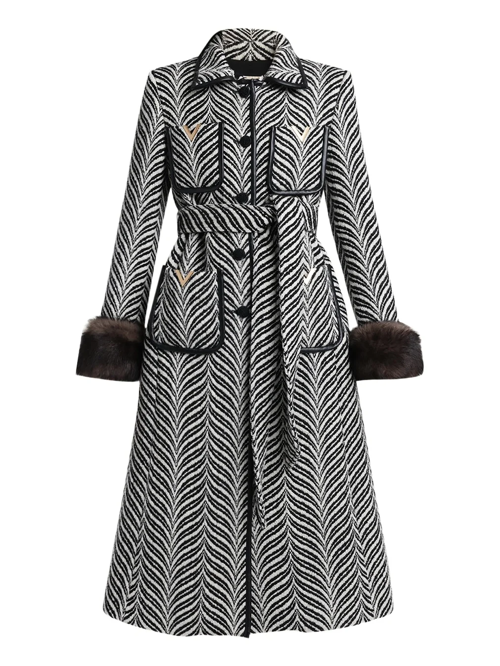 Lamb Shearling Cuff Belted Herringbone Coat