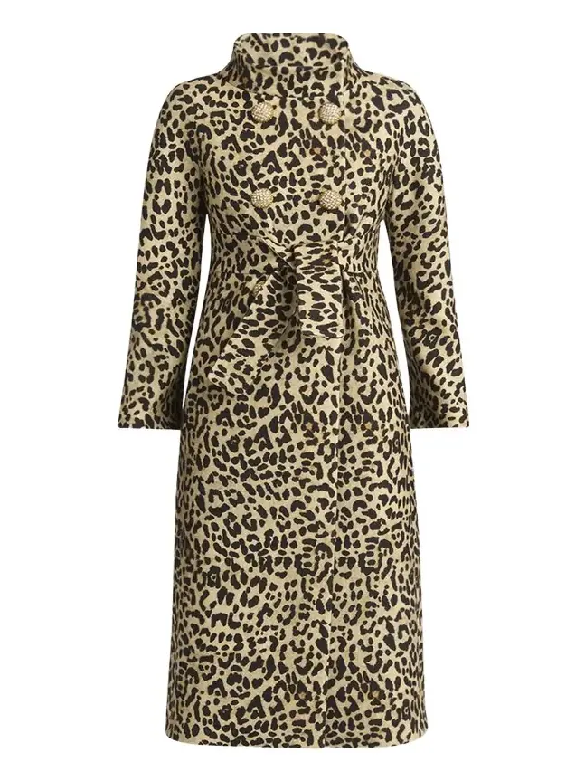 Leopard-Print Wool Double-Breasted Long Coat