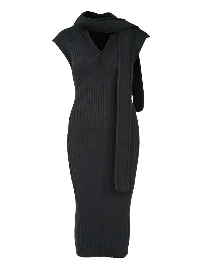 Scarf-Neck Sleeveless Rib Knit Midi Dress