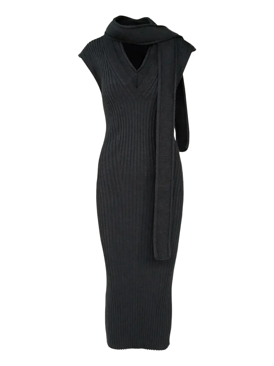 Aisling Camps Scarf-Neck Sleeveless Rib Knit Midi Dress
