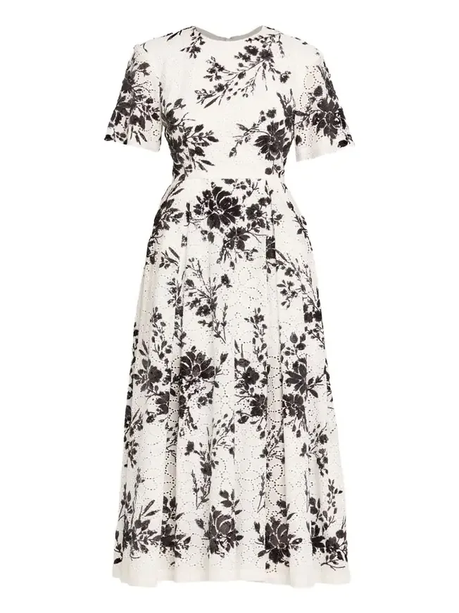 Sequin Floral Embroidered Eyelet Midi Dress