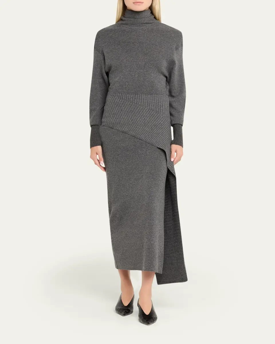 Lanvin Side Drape Long-Sleeve Wool-Cashmere Midi Sweater Dress | Thumbnail 2 Lanvin Side Drape Long-Sleeve Wool-Cashmere Midi Sweater Dress | Thumbnail 2