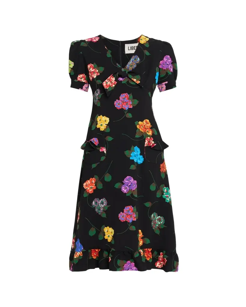 Antique Primrose Silk Puff-Sleeve Midi Dress Antique Primrose Silk Puff-Sleeve Midi Dress