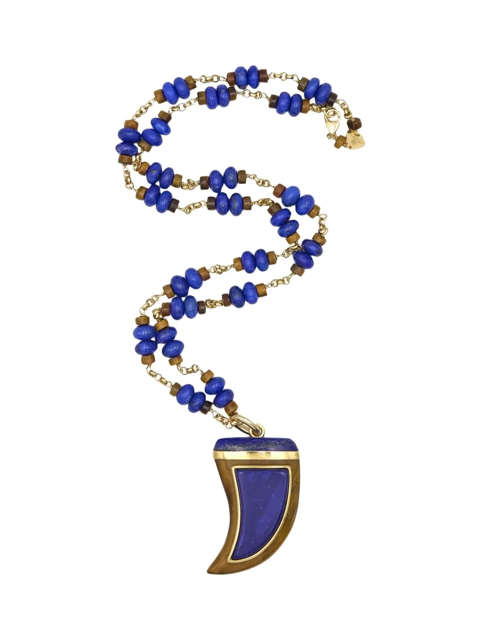 Tiger's Eye and Lapis Tooth Pendant Necklace
