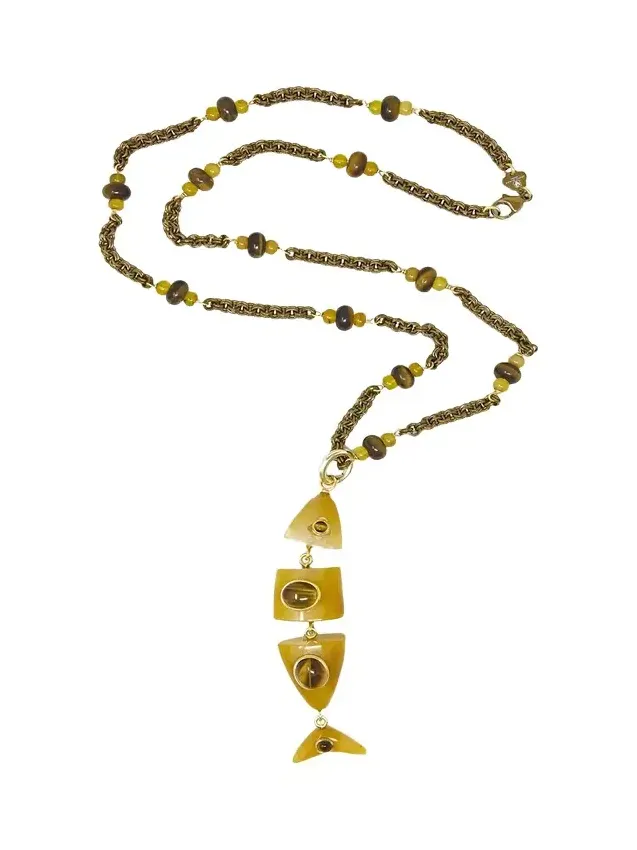 Yellow Chalcedony and Tiger's Eye Fish Pendant Necklace