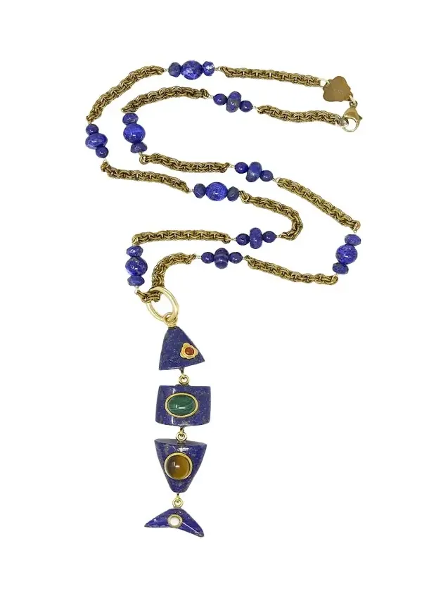 Lapis, Malachite and Tiger's Eye Fish Pendant Necklace Lapis, Malachite and Tiger's Eye Fish Pendant Necklace