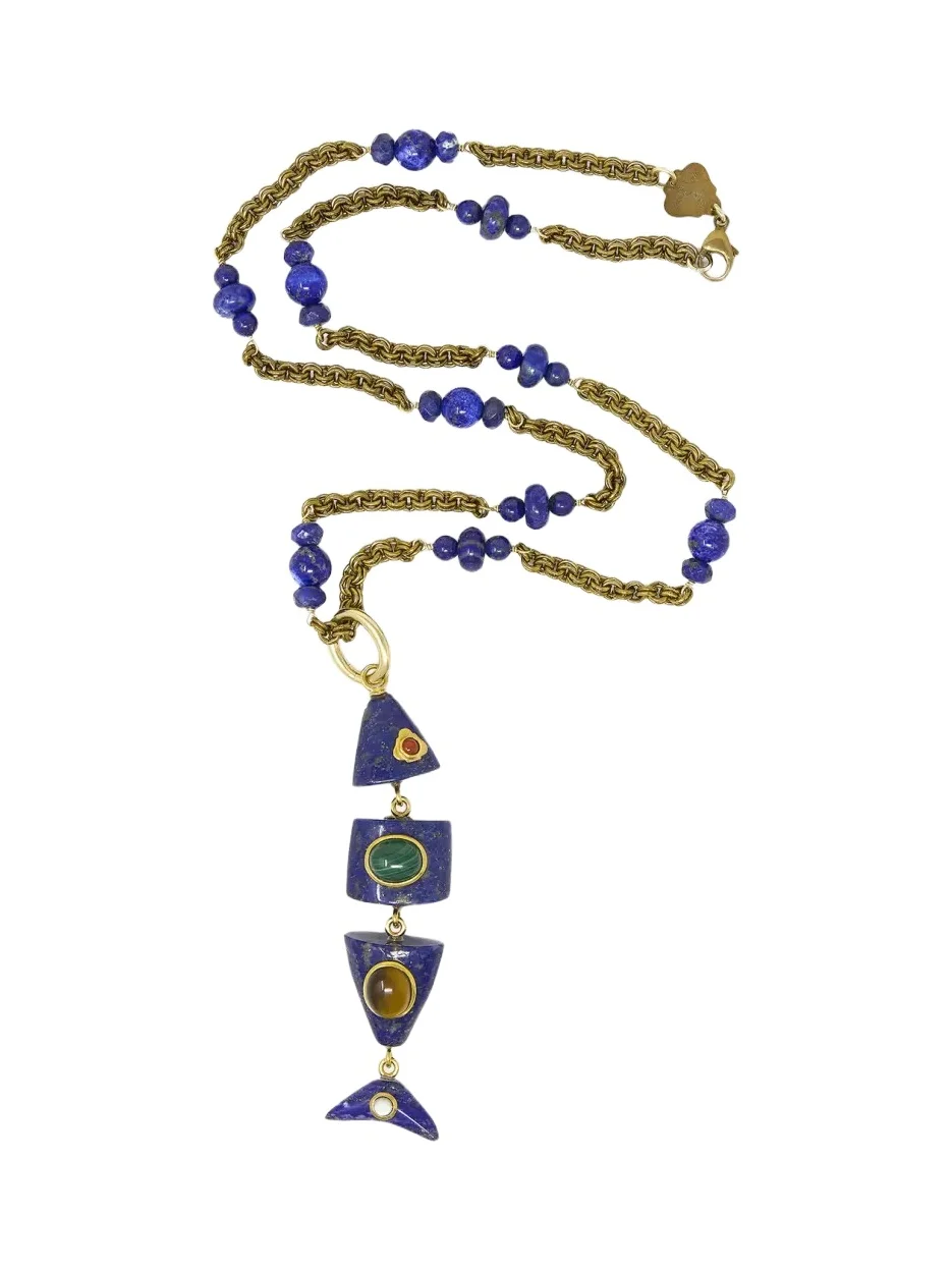 Lapis, Malachite and Tiger's Eye Fish Pendant Necklace