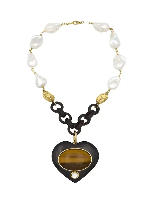 Ebony and Pearl Necklace with Tiger's Eye Heart