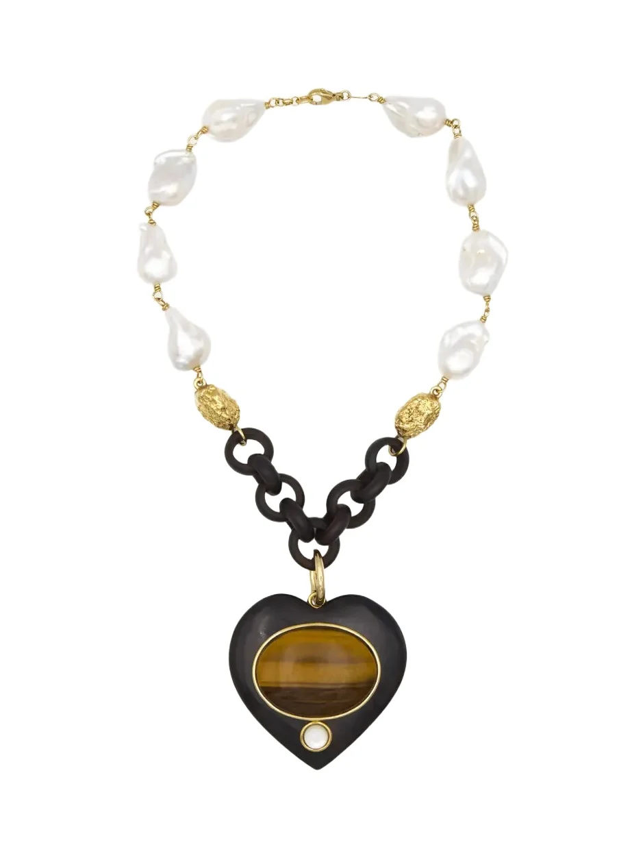 Ebony and Pearl Necklace with Tiger's Eye Heart Ebony and Pearl Necklace with Tiger's Eye Heart