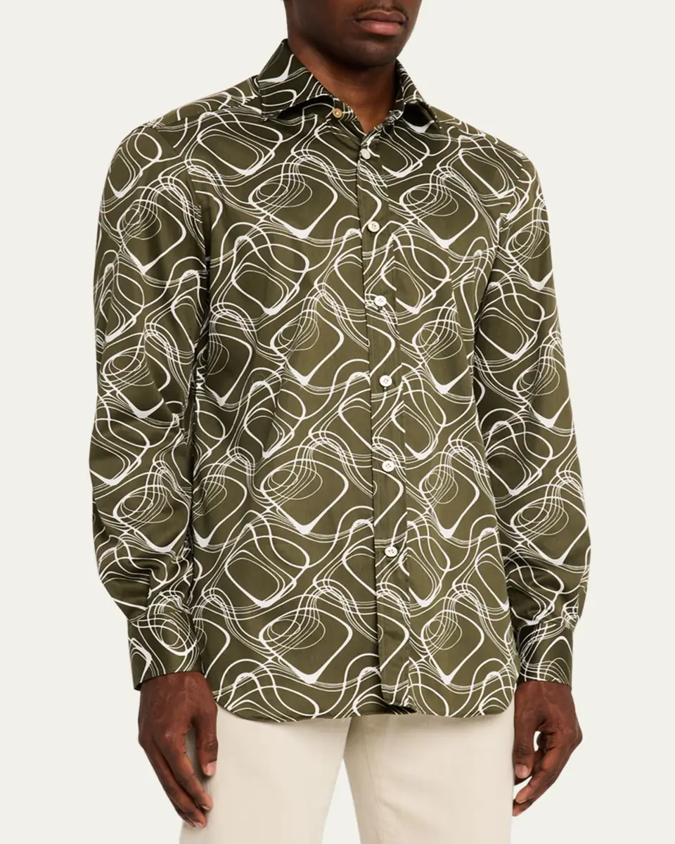 Kiton Men's Cotton Wave-Print Sport Shirt | Thumbnail 4 Kiton Men's Cotton Wave-Print Sport Shirt | Thumbnail 4