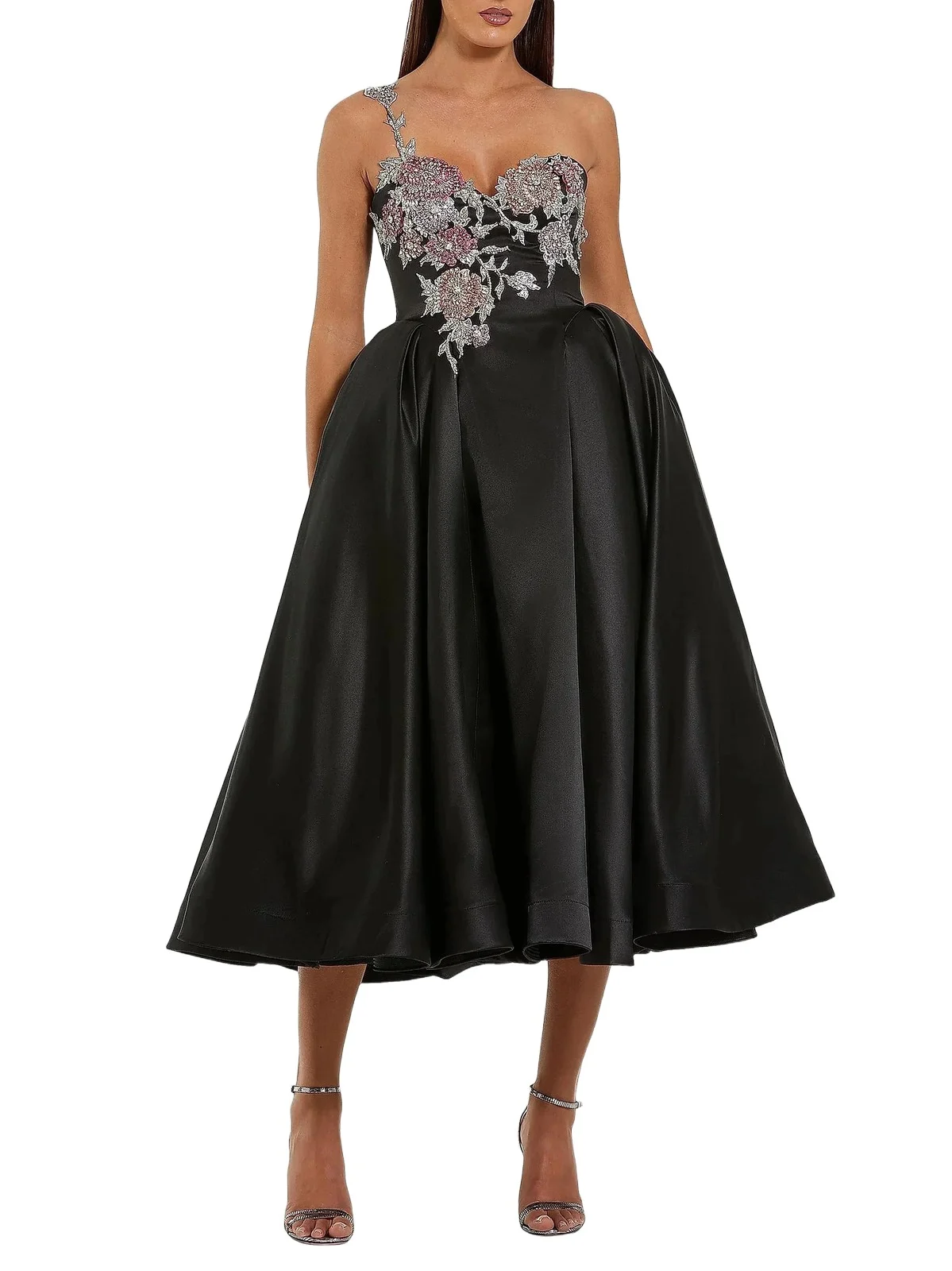 Women's Cocktail Satin Fit & Flare Midi-Dress - Black Multi Women's Cocktail Satin Fit & Flare Midi-Dress - Black Multi