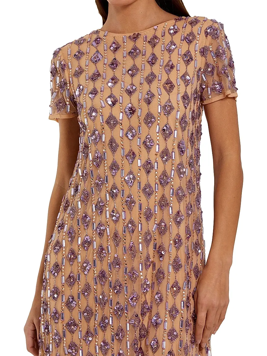 Mac Duggal Women's Cocktail Beaded Mesh T-Shirt Knee-Length Dress | Thumbnail 3