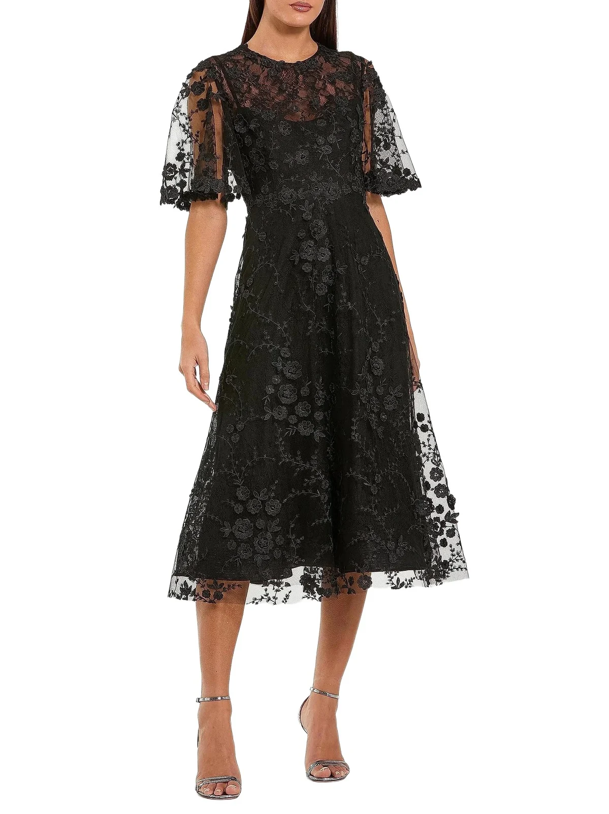 Women's Cocktail Embroidered Mesh Midi-Dress Women's Cocktail Embroidered Mesh Midi-Dress